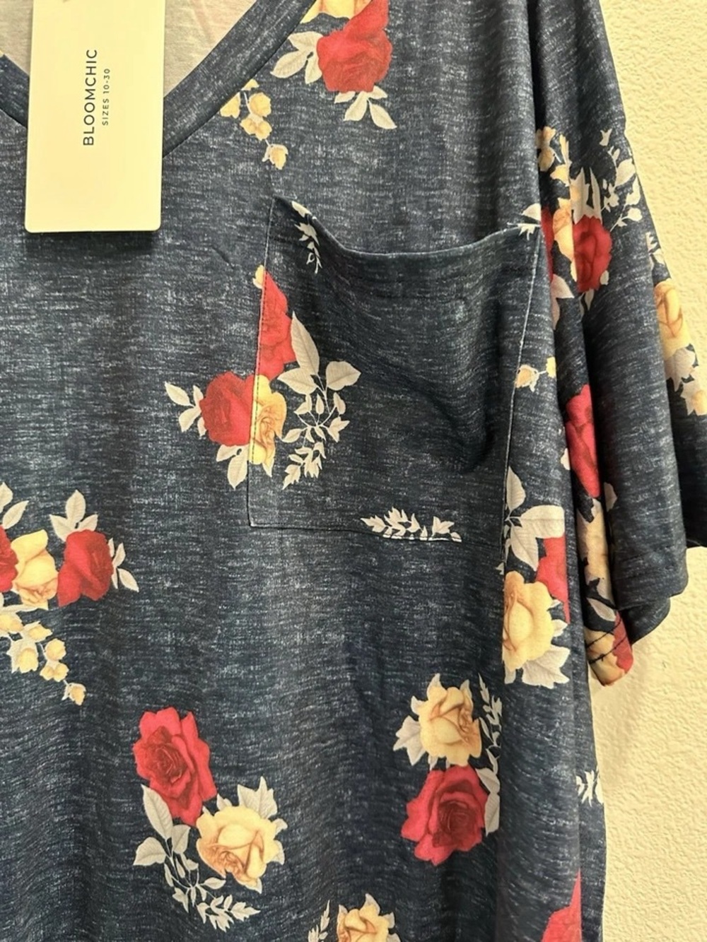 BloomChic Navy V-Neck Pocket Tee with Red & Cream Floral Print - Picture 5 of 6